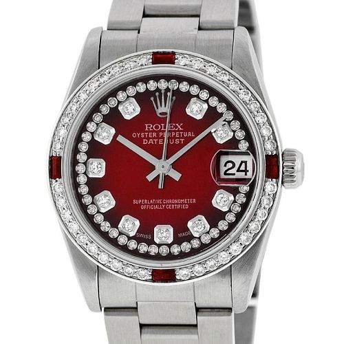 Rolex Mid-Size Datejust Watch SS/14K White Gold Red