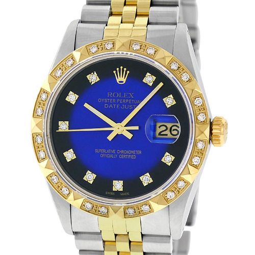 Rolex Mens Datejust Watch SS / 18K Yellow Gold Blue