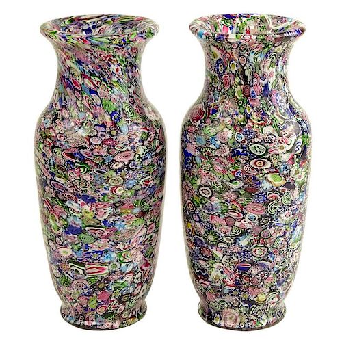 Pair of Extremely Rare Antique Clichy Scramble Millefiori Vases