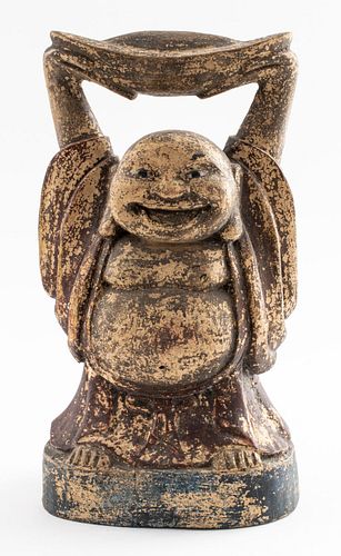 Asian Wooden Standing Happy Buddha Statue