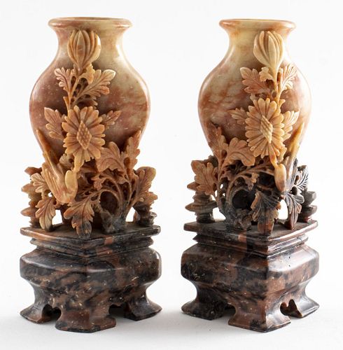 Carved Chinese Soapstone Vases, Pair