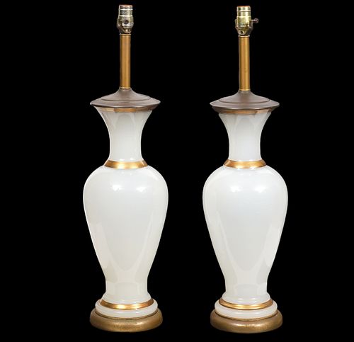 Pr. French Opaline & Gilt Highlighted Table Lamps