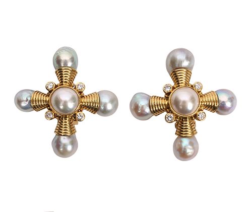 Elizabeth Gage 18K YG, Diamond & Pearl Earrings