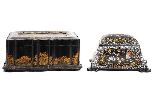 19th C Paper Mache MOP Tea Caddy & Lidded Box