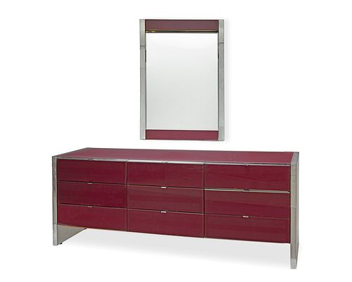 An Ello Furniture Co. chrome and glass chest of drawers with mirror