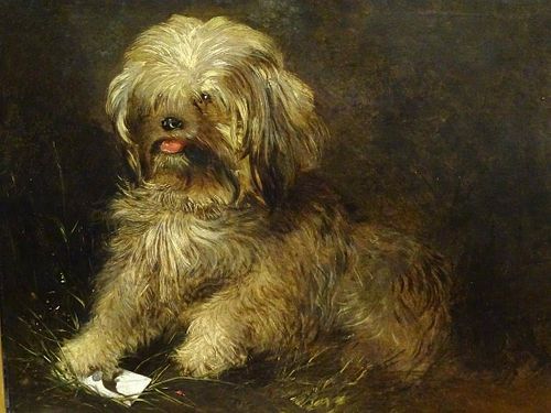Terrier Dog Portrait Antique Oil Painting