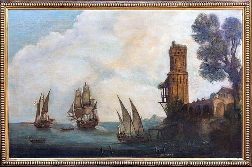 Navy Ships Off The Coast Antique Oil Painting