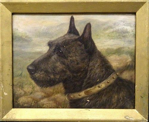 Terrier Dog Head Portrait Antique Oil Painting