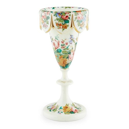 FRENCH PAINTED OPALINE FOOTED GLASS VASE