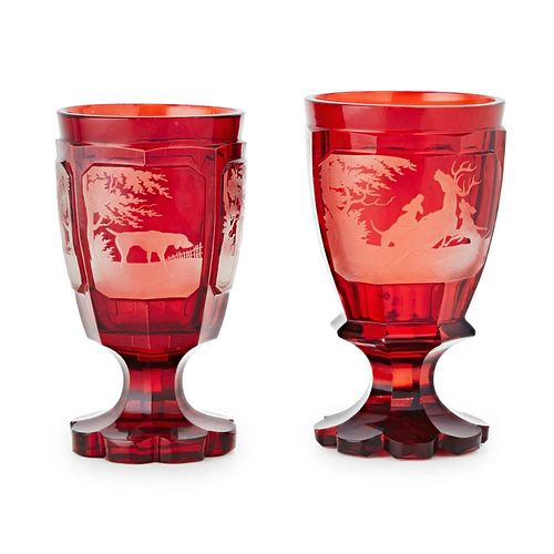 TWO BOHEMIAN ENGRAVED GLASS GOBLETS