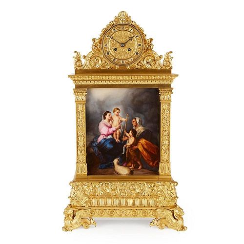 LARGE FRENCH GILT BRONZE CLOCK WITH PORCELAIN PANEL