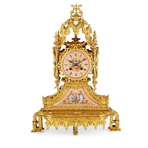 FRENCH BRONZE AND PINK PORCELAIN MANTEL CLOCK