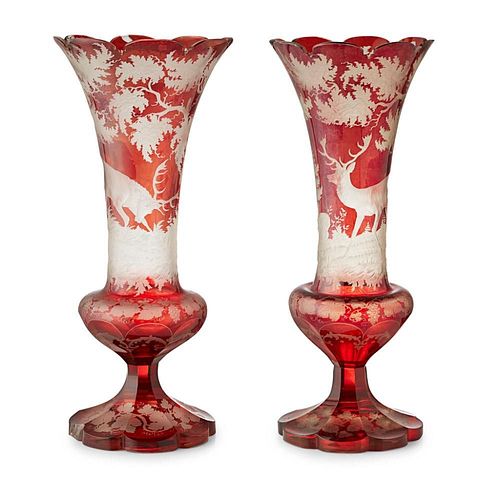 PAIR OF LARGE BOHEMIAN ENGRAVED GLASS VASES