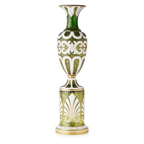 BOHEMIAN WHITE OVERLAID GLASS VASE AND STAND
