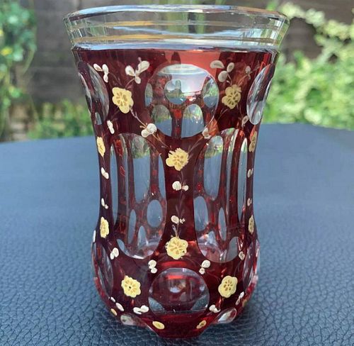 BOHEMIAN GOBLET OVERLAY WITH YELLOW ENAMELED FLOWERS