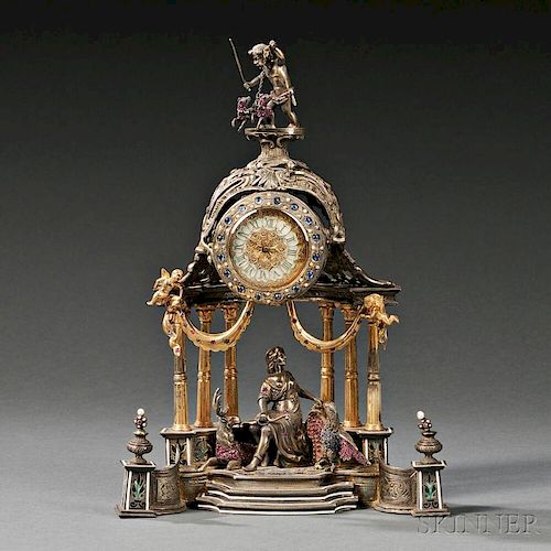 Viennese Silver, Gilt-metal, Enameled, and Jeweled Architectural Clock