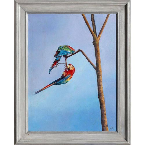 Lovely Birds, Painting of Two Scarlet Macaw Parrots