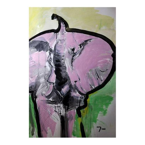 Pink Elephant Abstract Acrylic Signed Painting