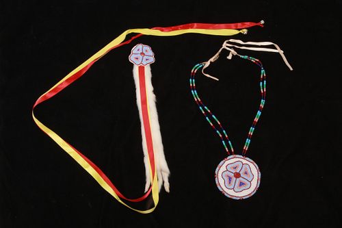 Plateau Fully Beaded Medallion Necklace & Pin 20th