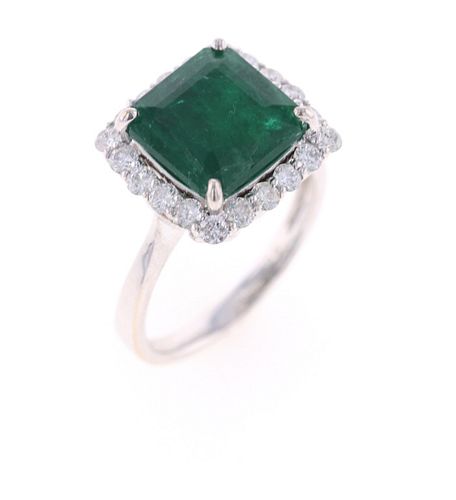 Opulent Emerald Diamond & 18k White Gold Ring