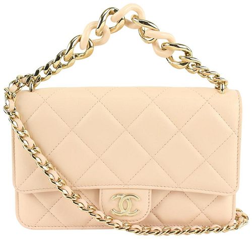 CHANEL 20C LIGHT BEIGE QUILTED LEATHER WALLET ON DOUBLE CHAIN 2WAY