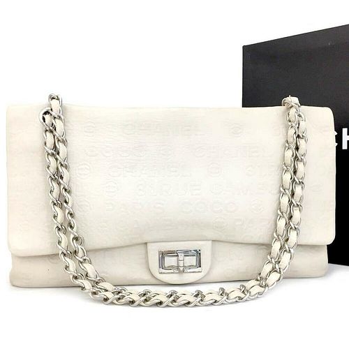 CHANEL IVORY EMBOSSED CC CALFSKIN MAXI DOUBLE FLAP SHW