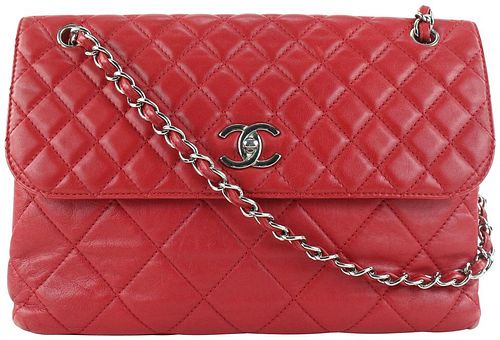 CHANEL RED QUILTED LAMBSKIN JUMBO FLAP SILVER CHAIN BAG