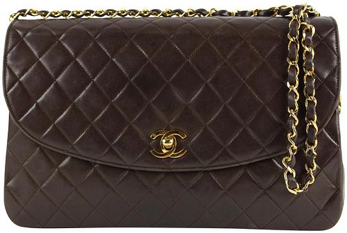 CHANEL CHOCOLATE BROWN QUILTED LAMBSKIN LARGE GOLD CHAIN FLAP BAG