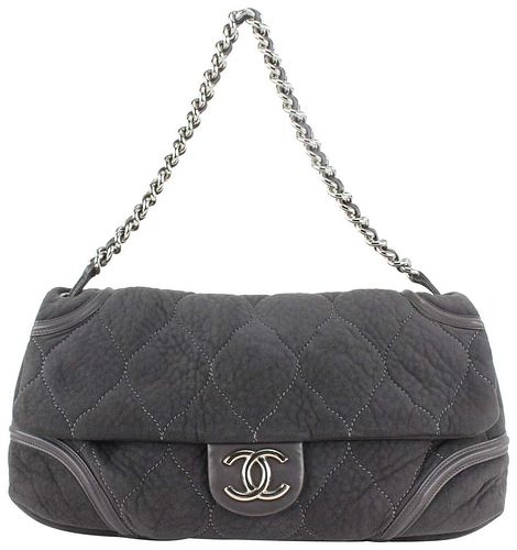 CHANEL XL CHARCOAL QUILTED SHEARLING SILVER CHAIN FLAP