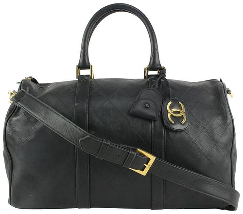 CHANEL BLACK QUILTED LAMBSKIN BOSTON DUFFLE BAG WITH STRAP