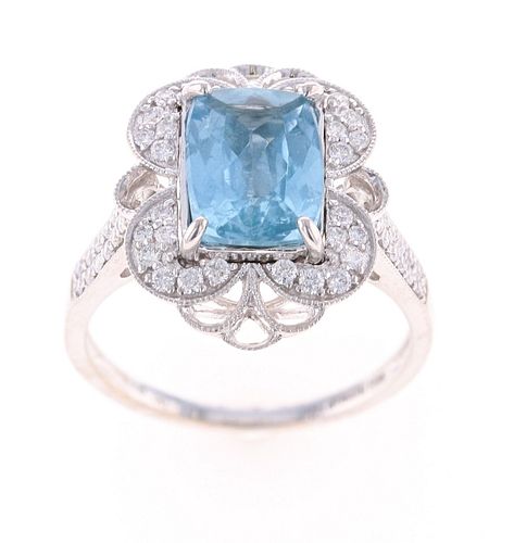 Art Deco Aquamarine Diamond & 18k White Gold Ring