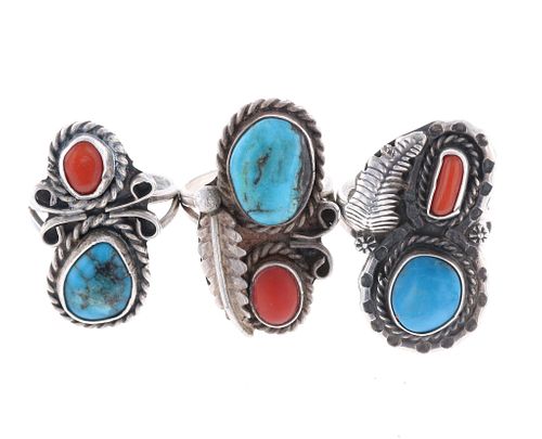 Navajo Silver Turquoise & Red Branch Coral Rings