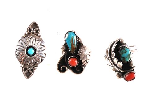 Navajo Silver Turquoise & Red Branch Coral Rings
