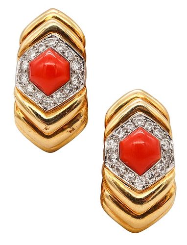 Charles Turi Diamonds & Red Corals 18k gold Clips-earrings