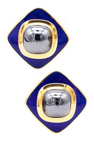 T&Co by Leo De Vroomen enamel, Hematite & 18k clips-earrings