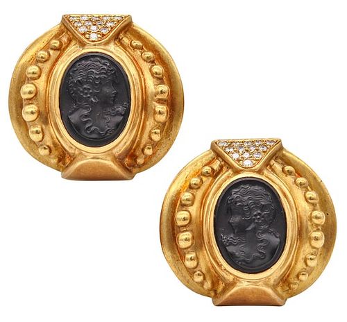 9.78 Cts in Diamonds & carved Onyx 18k gold Earrings