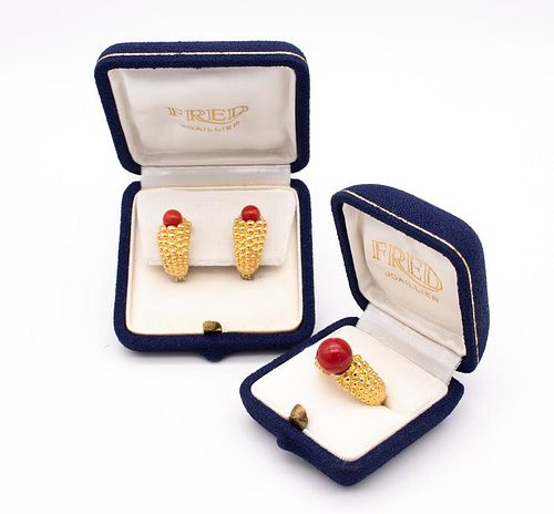 Fred of Paris Red oxblood Coral & 18k Gold  Ring & Earring 