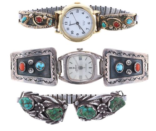 Navajo Silver & Gold Turquoise & Coral Watches (3)