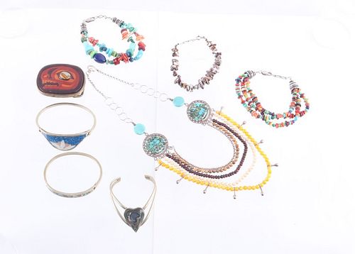 Mexican Silver & Stone & Shell & Leather Jewelry