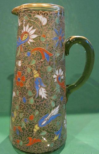 LARGE MOSER PITCHER TANKARD WITH RAISED ENAMELED SIGNED