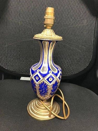 BLUE BOHEMIAN OVERLAY GLASS LAMP