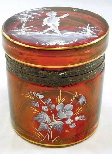 Magnificent Mary Gregory Cranberry Glass Lidded Trinket