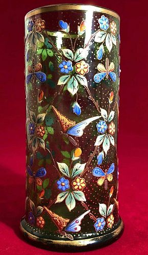 Important Moser Green Glass Vase Heavy Enamel