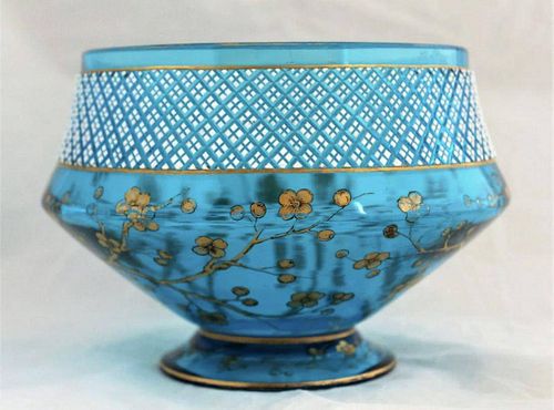 Important Large Moser Turquoise Glass Gold Painted
