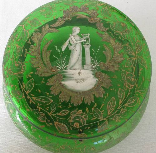 Bohemian Mary Gregory Green Glass Dresser Trinket With