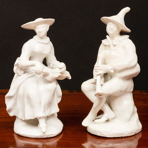 Pair of White Glazed Figures of Musicians, Probably Bow