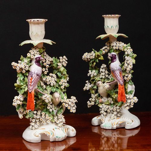 Pair of Derby Porcelain Chambersticks Mounted with Birds