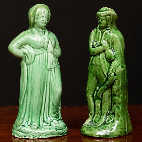 Staffordshire Green Glazed Earthenware Figure of a Highwayman and a Figure of a Lady 