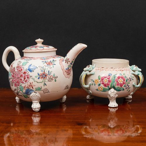 Staffordshire Enameled Earthenware Chinoiserie Teapot and Cover and a Similar Sugar Bowl