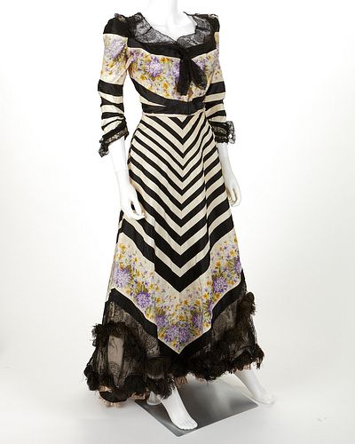 Black and Ivory Striped Satin Dress c. 1900